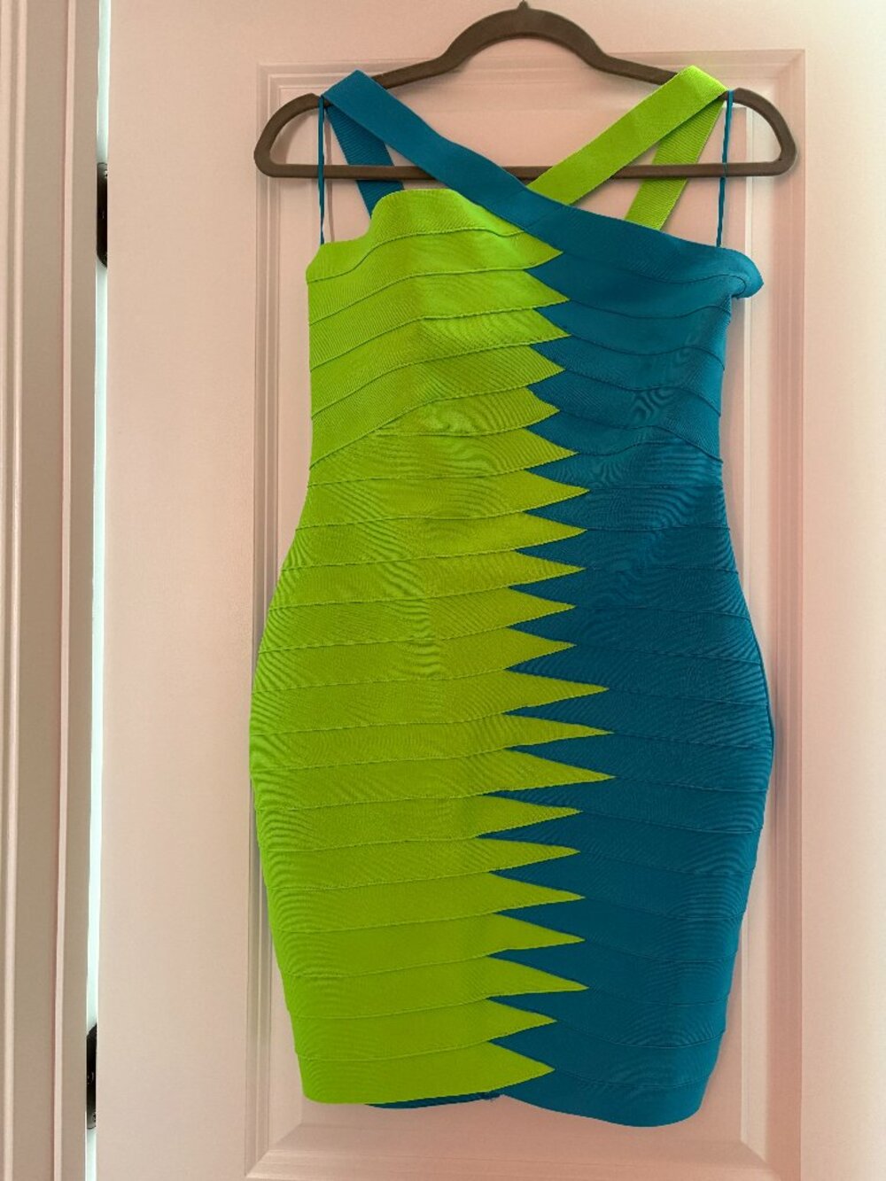 Fashion Nova Teal & Lime Color Block Bandage Bodycon Mini Dress